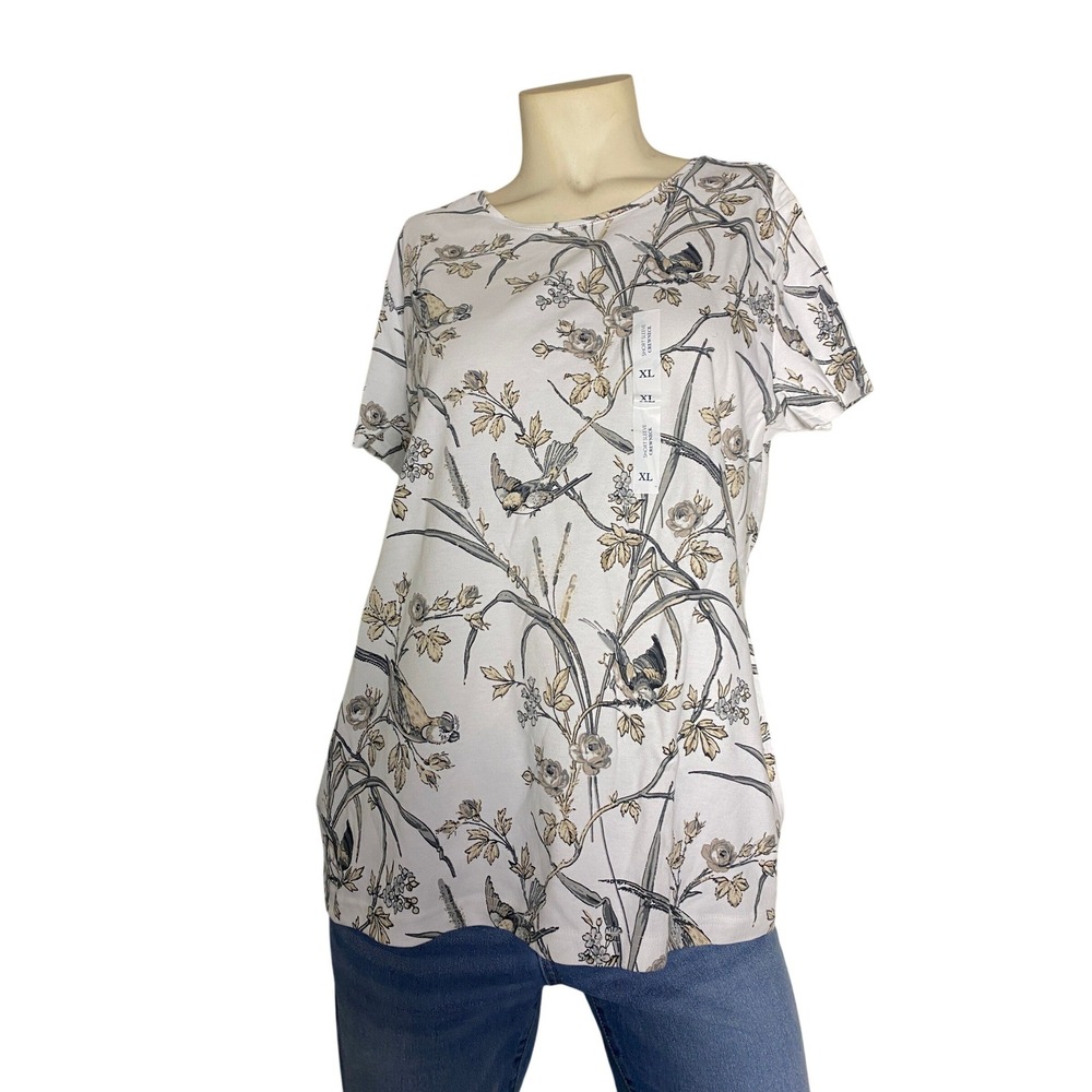 Womens XL Short Sleeve Crewneck T-Shirt White Floral Bird Nature Print Tee
